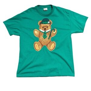 Vtg St. Patricks Day L Hanes Teddy Bear Print T Shirt Green Embellishments Lucky